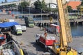Banyuwangi, May 2022. Several stevedores are assisting the process of loading and unloading at port Royalty Free Stock Photo