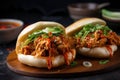 bao bun with fried chicken, spicy sauce and green onion