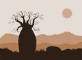 Baobab tree landscape with mountains background. Baobab silhouette. African sunrise Royalty Free Stock Photo