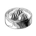 Baozi Mantou Momo Khinkali. Asian traditional food dumplings in bamboo steamer. Vector icon with chinese food steamed dumplings or Royalty Free Stock Photo