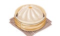 Baozi steamed bun in bamboo basket with white background. Royalty Free Stock Photo