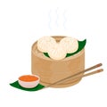 Baozi steamed chinese buns. Momo dumplings in a bamboo wooden steamer basket Royalty Free Stock Photo