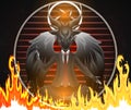 Baphomet Businessman Mascot Cartoon Character in Suit with flames isolated on gradient fire background. Pointing hand.