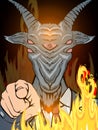 Baphomet Businessman Mascot Cartoon Character in Suit with flames isolated on gradient fire background. Pointing hand.