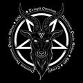 Baphomet demon goat head hand drawn print or blackwork flash tattoo art design vector illustration. Latin inscription translation