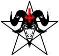 Baphomet, Goat headed demon with pentagram sometimes known as a pentalpha, pentangle or star pentagon and inverted cross, petru