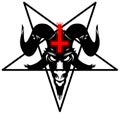 Baphomet, Goat headed demon with pentagram sometimes known as a pentalpha, pentangle or star pentagon and inverted cross, petru