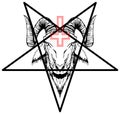 Baphomet, Goat headed demon with pentagram sometimes known as a pentalpha, pentangle or star pentagon and inverted cross, petru