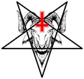 Baphomet, Goat headed demon with pentagram sometimes known as a pentalpha, pentangle or star pentagon and inverted cross, petru