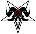 Baphomet, Goat headed demon with pentagram sometimes known as a pentalpha, pentangle or star pentagon and inverted cross, petru