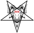 Baphomet, Goat headed demon with pentagram sometimes known as a pentalpha, pentangle or star pentagon and 666 Number of the Beas