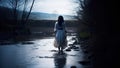 Baptism. Beautiful girl in a long white dress standing in the river.