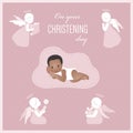 Baptism of the black child, christening card with cute angels and baby