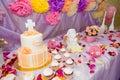 Baptism candy bar, angel statue, cupcakes, unfocused cake. Mastic cross on cake for christening child party. Royalty Free Stock Photo