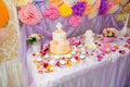 Baptism candy bar, angel statue, cupcakes, unfocused cake. Mastic cross on cake for christening child party. Royalty Free Stock Photo