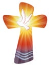 Baptism Christian cross with water waves and dove on sunset background