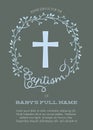 Baptism Invitation Template with Cross and Watercolor Floral Wreath - Vector Royalty Free Stock Photo