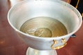 Baptismal font in the Orthodox Church. A metal bowl filled with holy water. Royalty Free Stock Photo