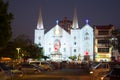 Baptist Church of Immanuel in the Christmas illuminations in the evening twilight. Yangon, Myanmar