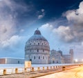 Baptistery of Pisa after a winter snowfall at sunset. Square of