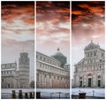 Baptistery of Pisa after a winter snowfall at sunset. Square of