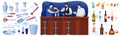 Bar with alcohol drinks and coctails equipment set of isolated vector illustrations. Barmen at counter pouring coctails