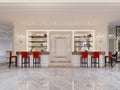 Bar area in a restaurant with a bar counter and shelves with drinks and red bar stools