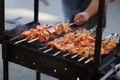 Bar-B-Q or BBQ with kebab cooking. Charcoal grill of meat skewers Royalty Free Stock Photo