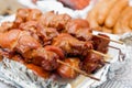 Bar-B-Q or BBQ with kebab cooking close up. chicken meat grilled and ready to eat Royalty Free Stock Photo