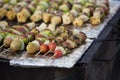 Bar-B-Q or BBQ with kebab cooking. Coal grill of pork skewers wi Royalty Free Stock Photo