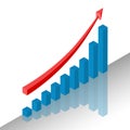 Bar chart of 7 growing columns. Graph bar growing up and red arrow moving up