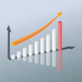 Bar chart of 7 growing columns. Graph bar growing up and red arrow moving up