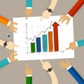 Bar chart increase team work on paper looking to hand drawing business concept of planning hands pointing collaboration