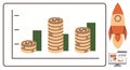 Financial growth concept with bar chart, coin stacks, rocket, and computer screen elements Royalty Free Stock Photo