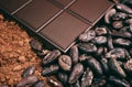 Bar of chocolate, cocoa beans , cocoa powder