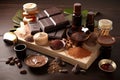 bar of chocolate with variety of body and face treatments