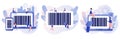 Bar code in smartphone and laptop app. Handheld barcode scanner. Tiny people scan bar-code. Modern flat cartoon style