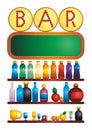 Bar counter with alcohol bottles. Drinking establishment. Alcoholic Drinks Bottles Large Vector Set