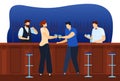 Bar counter, alcohol drink party, girl holding hand cocktail glass, people bartender, design, flat style vector Royalty Free Stock Photo