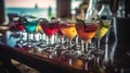 Bar counter on the beach. Glasses with cocktails, sun glasses lie on the table. Concept of relaxing, preparation and summer, AI Royalty Free Stock Photo