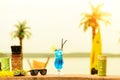 Bar counter on the beach at Hawaii. Glasses with cocktails, coco Royalty Free Stock Photo