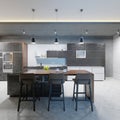 Bar counter with chairs and a kitchen island in a modern kitchen, evening lighting