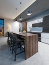 Bar counter with chairs and a kitchen island in a modern kitchen, evening lighting