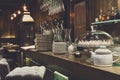 Bar counter with clean dishes close up