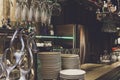 Bar counter with clean dishes close up Royalty Free Stock Photo