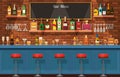 Bar counter. Pub or nightclub interior with table and chairs. Bottles and glasses with alcoholic drinks. Flat alcohol