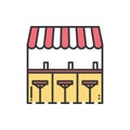 Bar counter with stools thin line icon. Street food retail. Mobile coffee house, bar, shop. Cafe, alcohol drink. Vector