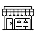 Bar counter with stools thin line icon. Street food retail. Mobile coffee house, bar, shop. Vector linear style icon