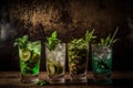 On the bar counter, there are four Mojitos