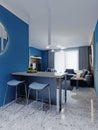 Bar counter with two chairs in the youth interior of a studio apartment in blue Royalty Free Stock Photo